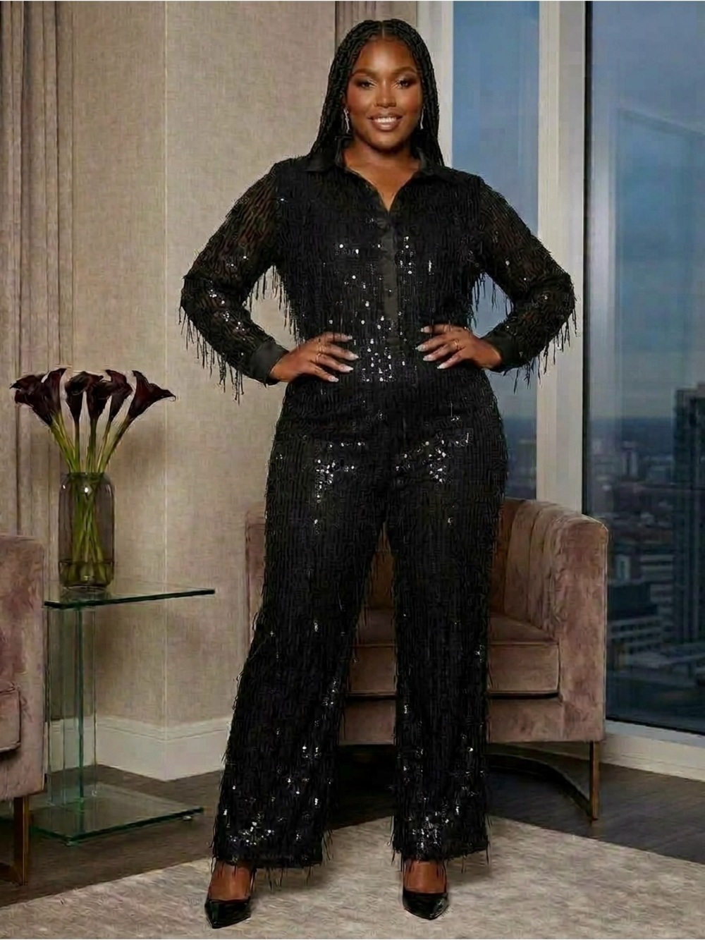 Black Sequin Fringe Button-Up Set